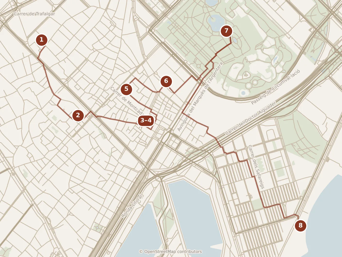 Map of Barcelona, day one: stops 1–8, numbered in walking order.