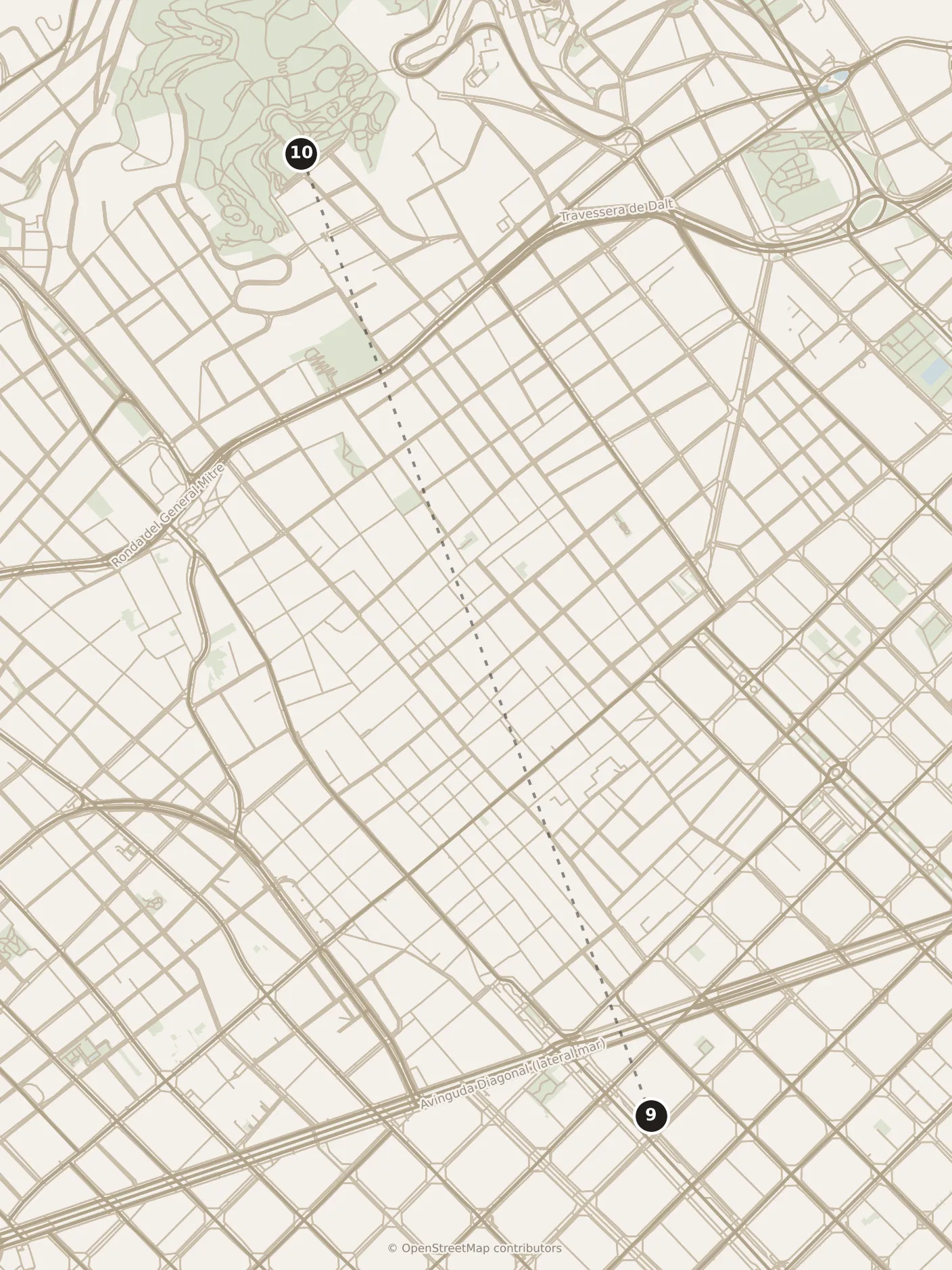 Map of Barcelona, morning: stops 9–10, numbered in walking order.