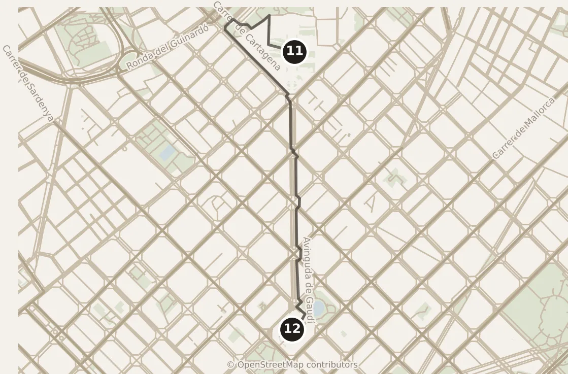 Map of Barcelona, afternoon: stops 11–12, numbered in walking order.