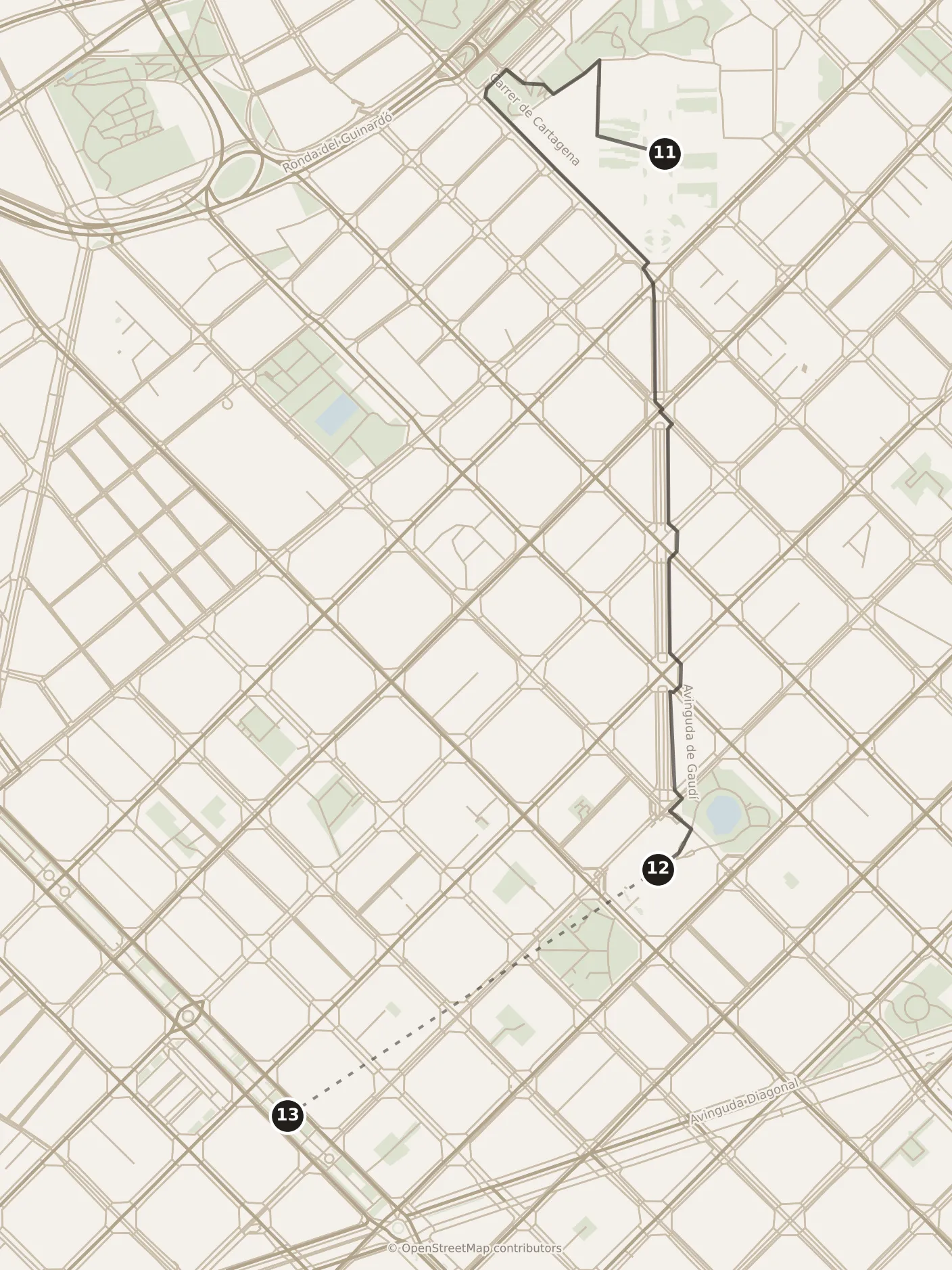 Map of Barcelona, afternoon and evening: stops 11–13, numbered in walking order.