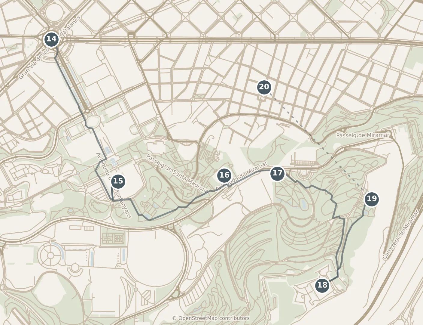 Map of Barcelona, with a third day: stops 14–20, numbered in walking order.