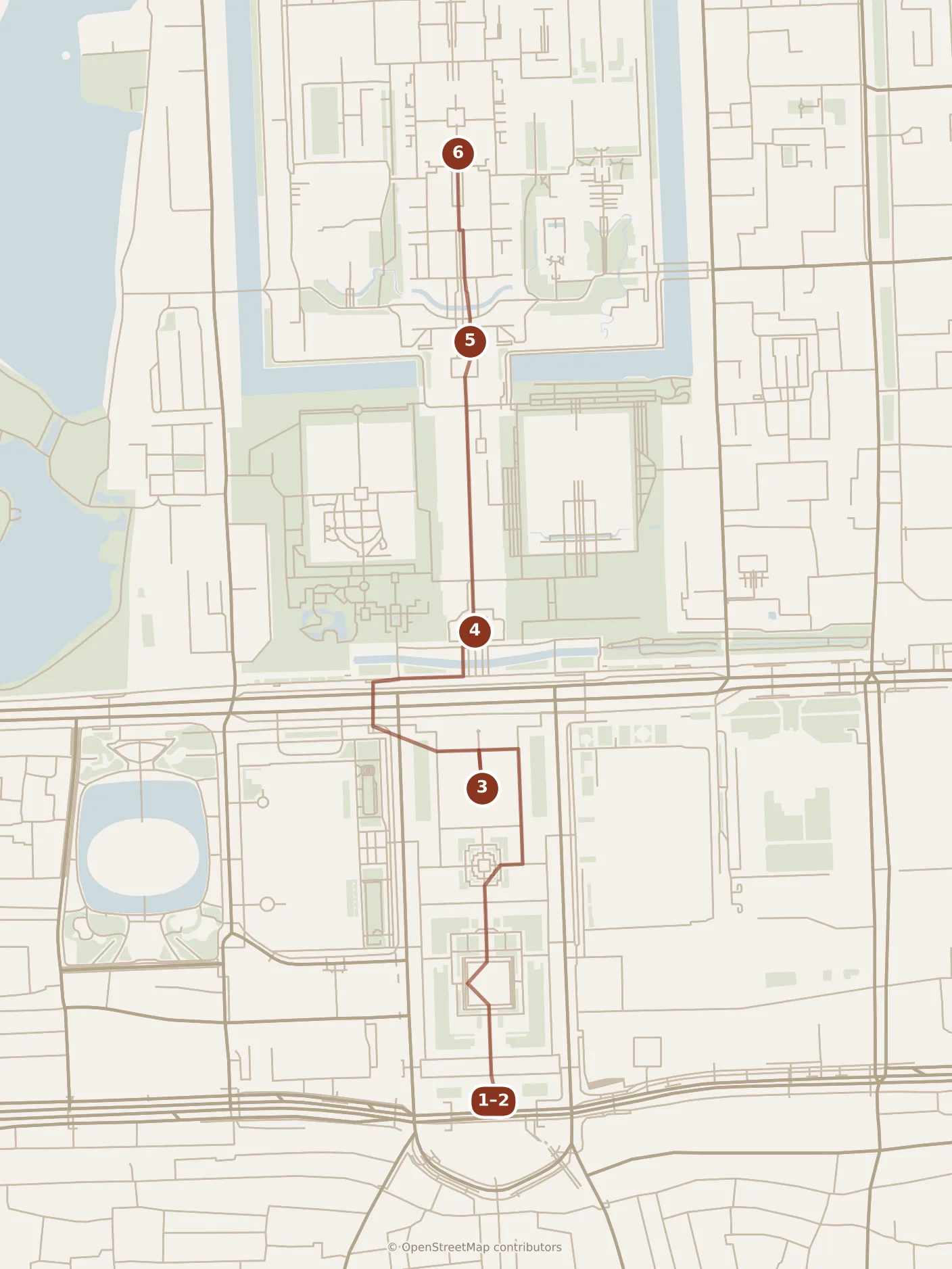 Map of Beijing, morning: stops 1–6, numbered in walking order.