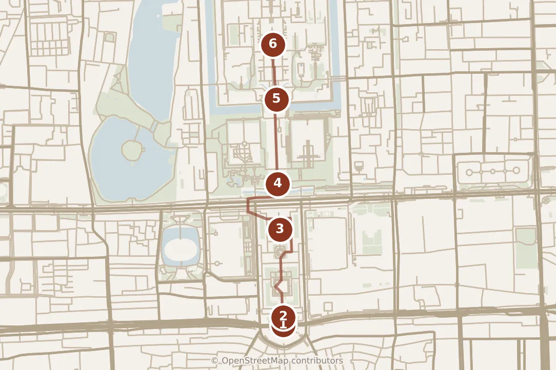 Map of Beijing, morning: stops 1–6, numbered in walking order.