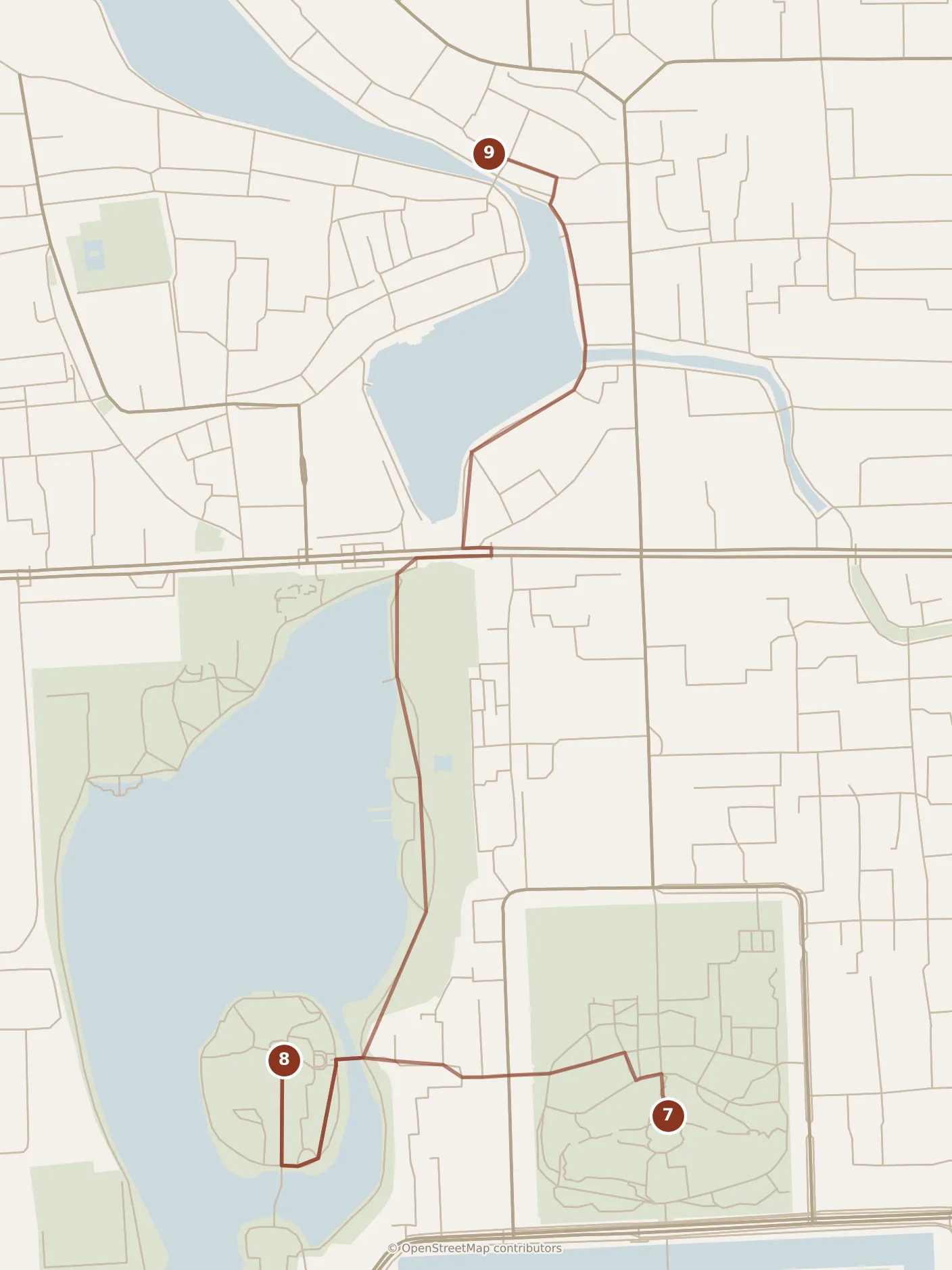 Map of Beijing, afternoon: stops 7–9, numbered in walking order.