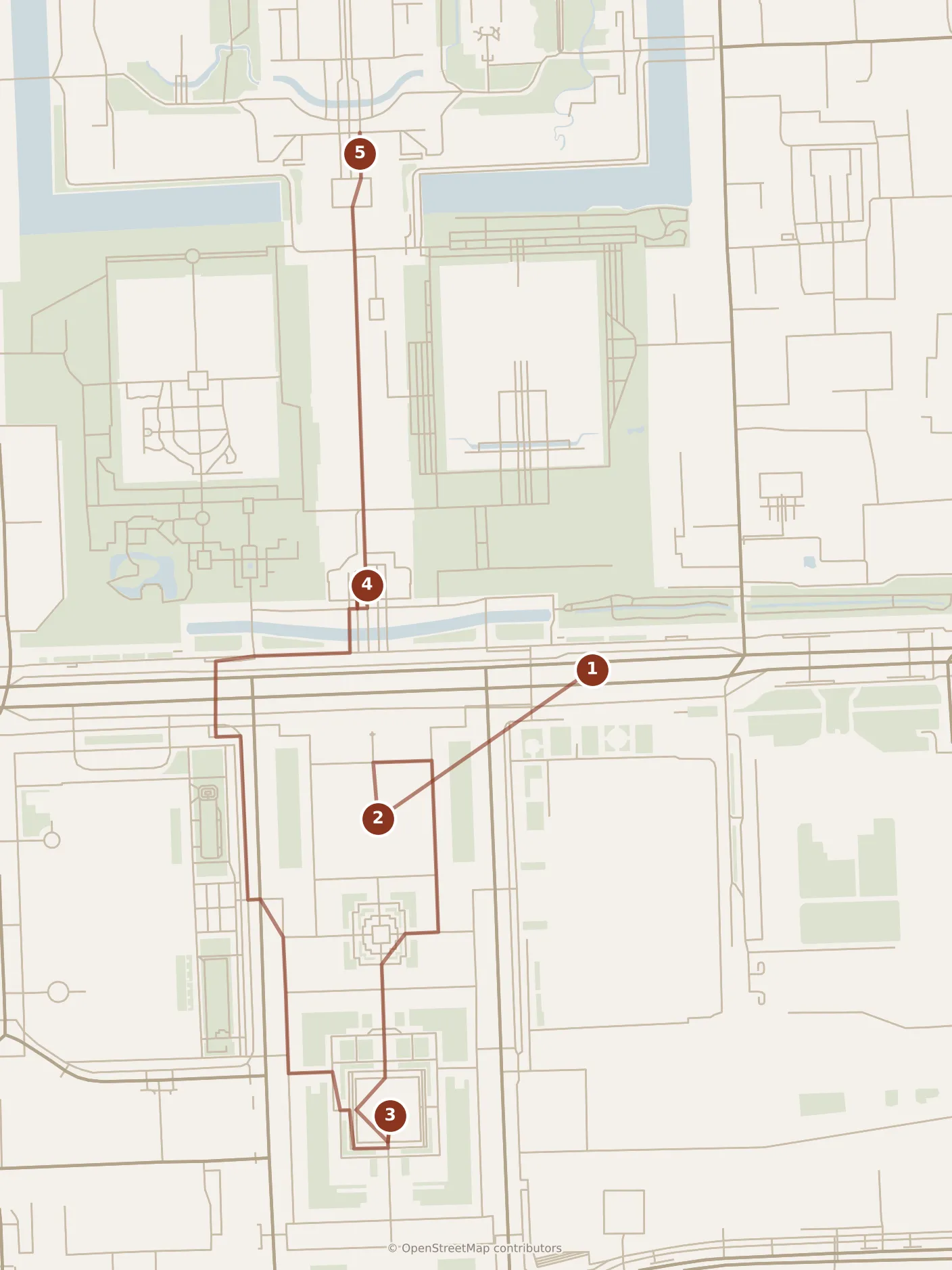 Map of Beijing, morning: stops 1–5, numbered in walking order.