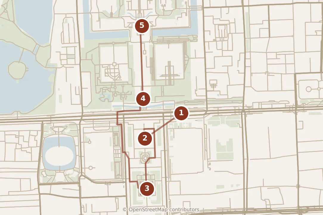 Map of Beijing, morning: stops 1–5, numbered in walking order.