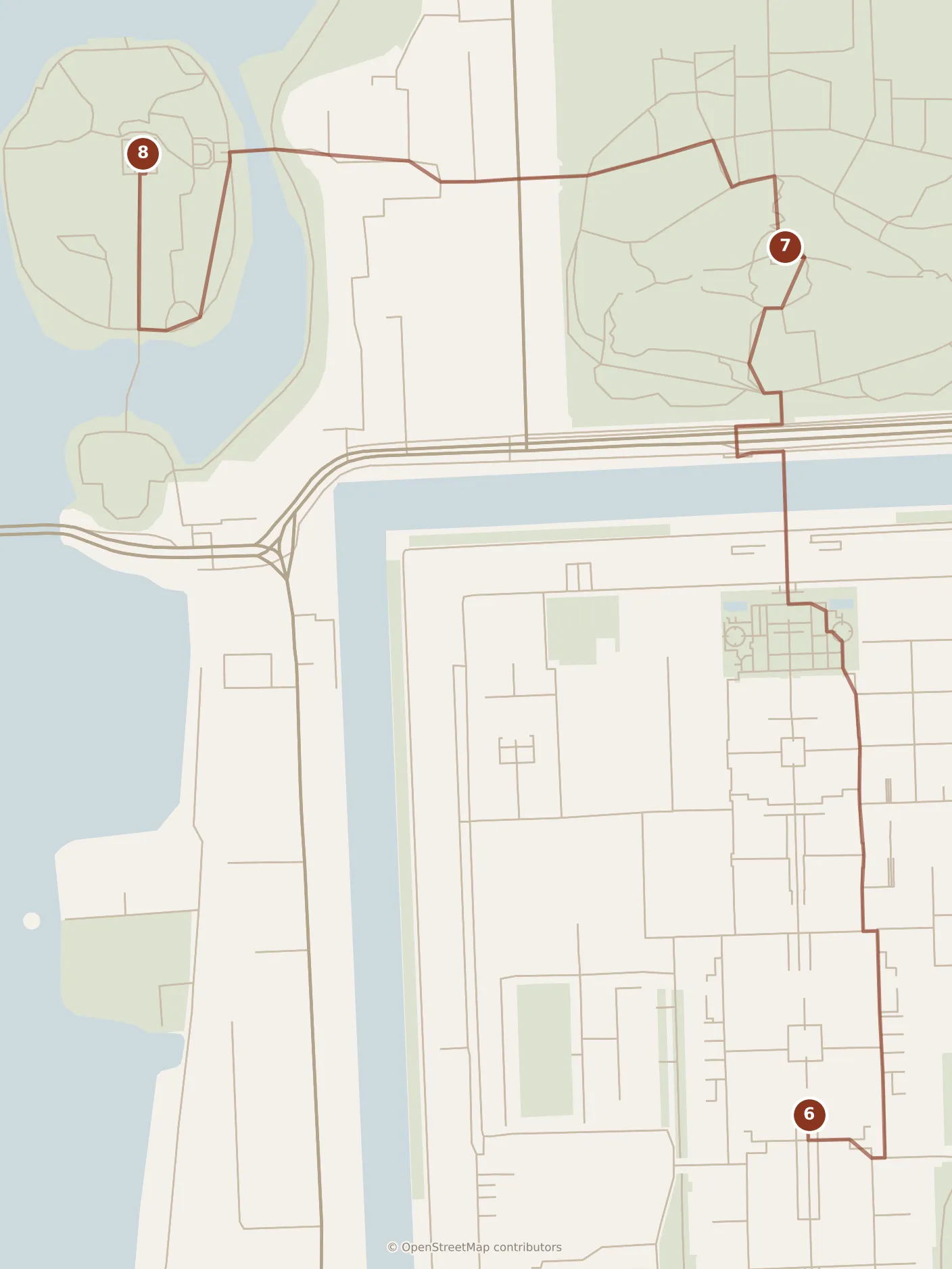 Map of Beijing, afternoon: stops 6–8, numbered in walking order.