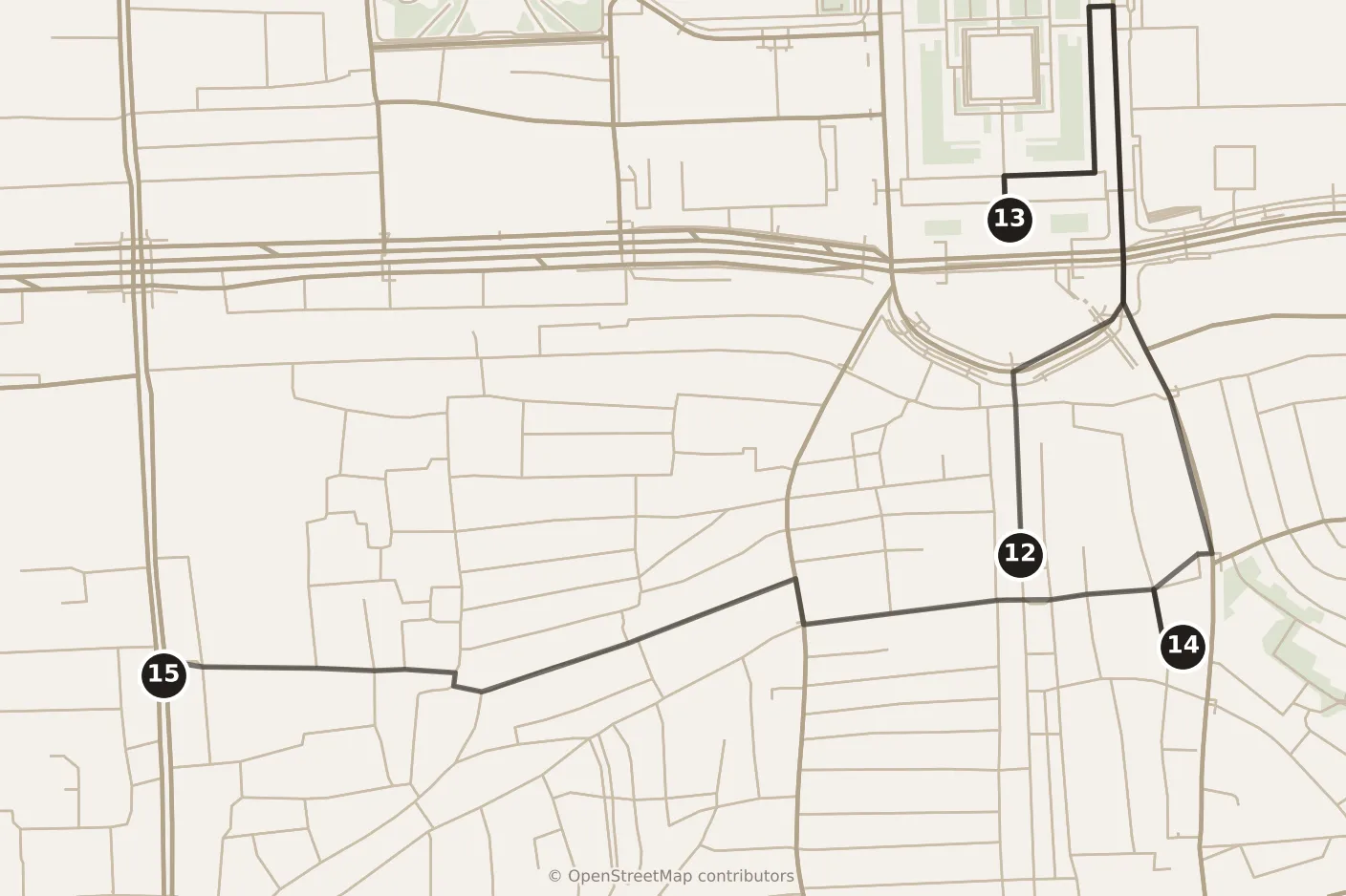Map of Beijing, afternoon: stops 12–15, numbered in walking order.