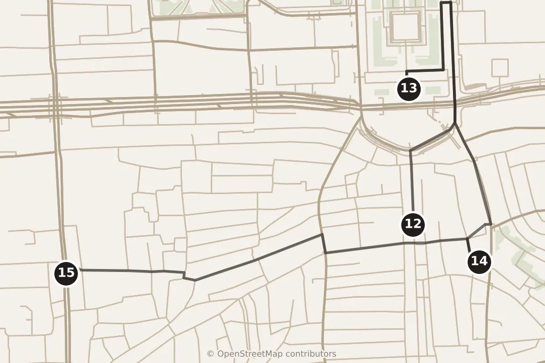 Map of Beijing, afternoon: stops 12–15, numbered in walking order.