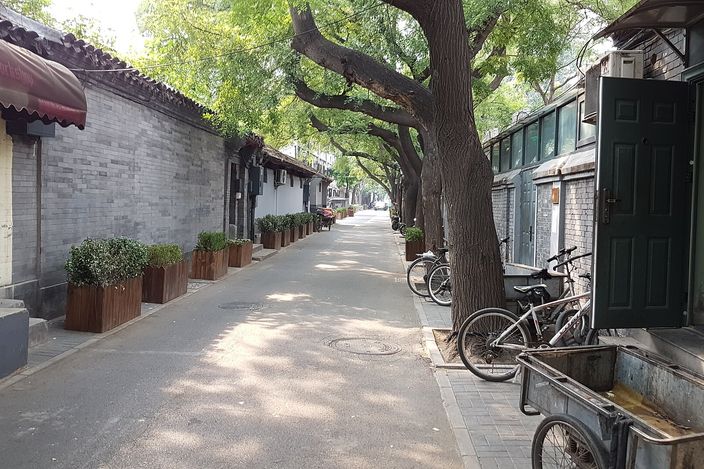 A quiet hutong lane between grey brick walls, a courtyard door standing open, bicycles leaning under an old tree