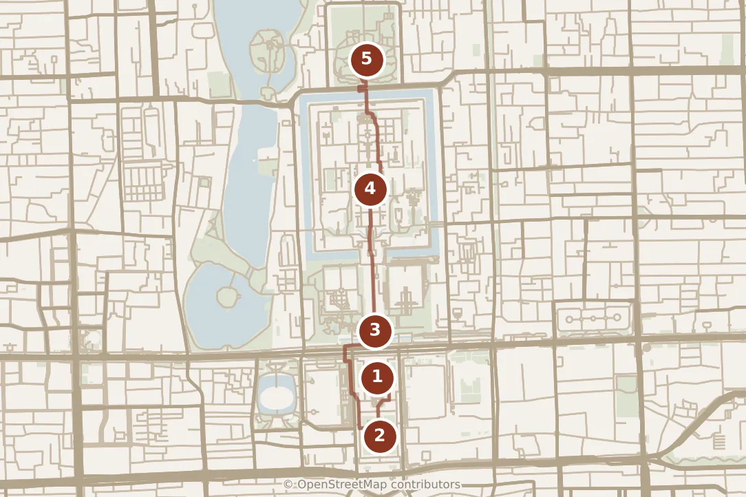Map of Beijing, day one: stops 1–5, numbered in walking order.