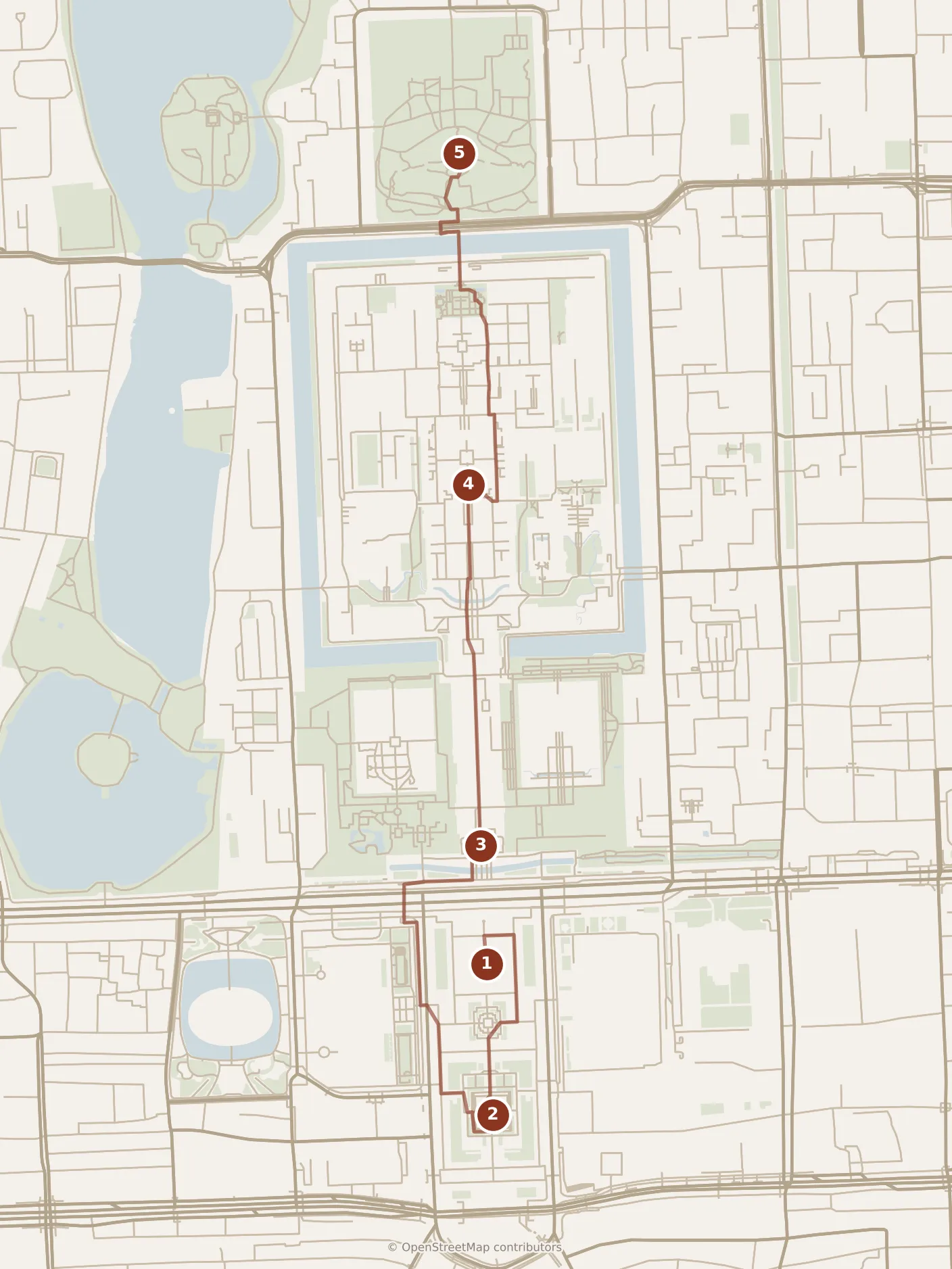 Map of Beijing, day one: stops 1–5, numbered in walking order.