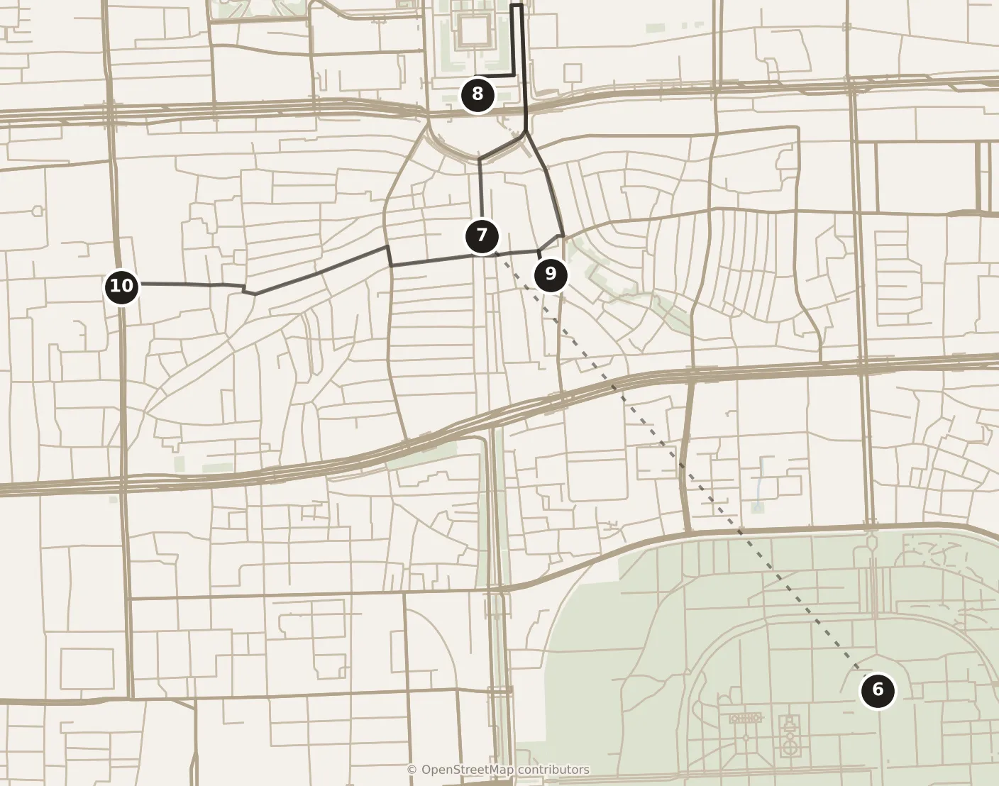 Map of Beijing, day two: stops 6–10, numbered in walking order.