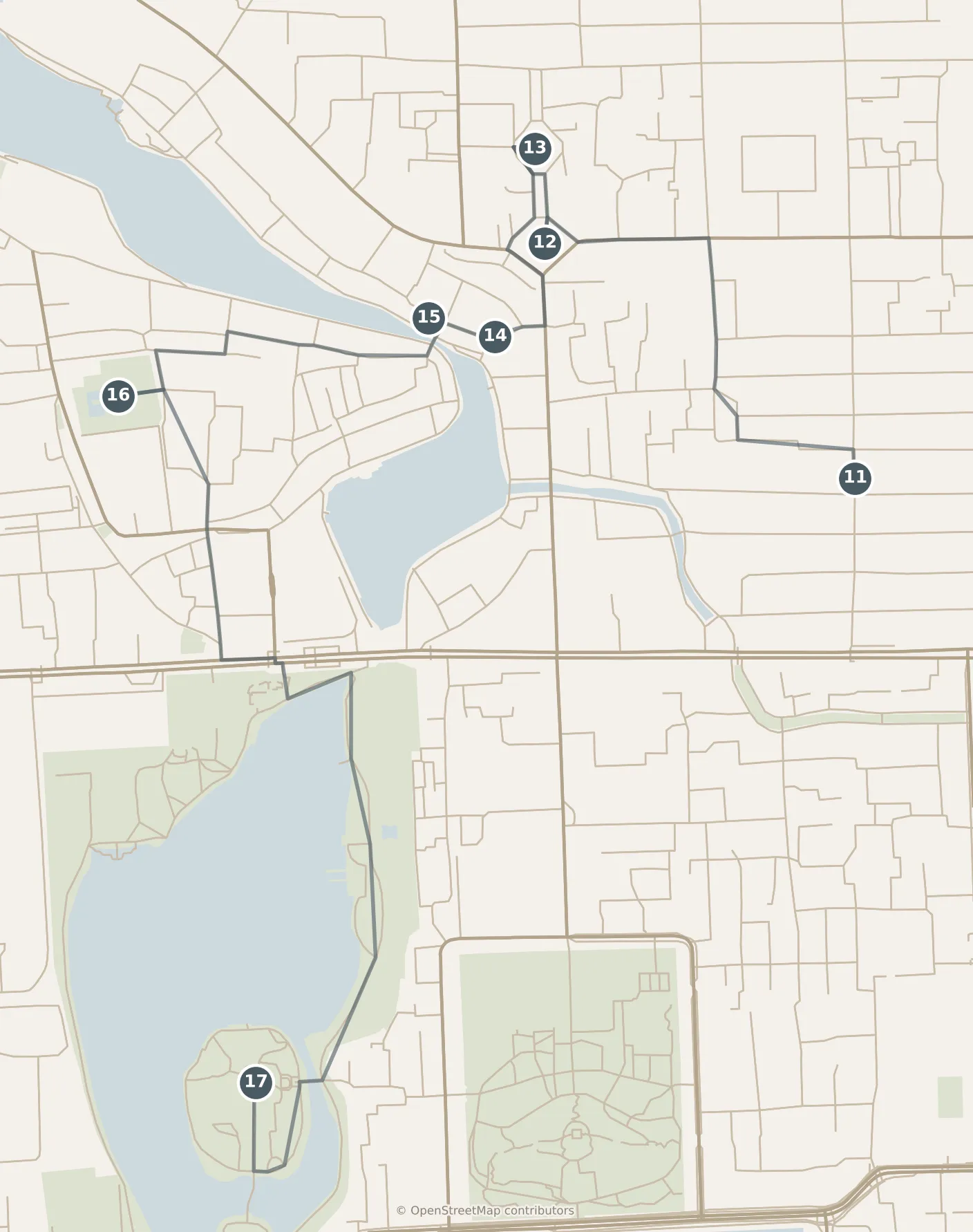Map of Beijing, day three: stops 11–17, numbered in walking order.