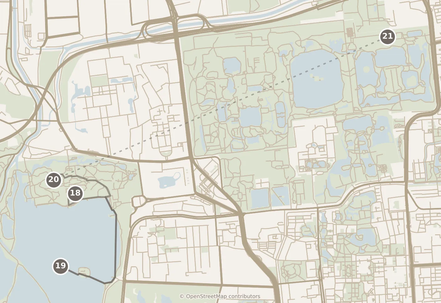 Map of Beijing, day five: stops 18–21, numbered in walking order.
