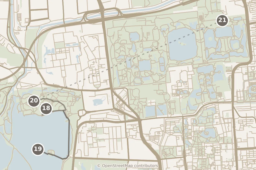 Map of Beijing, day five: stops 18–21, numbered in walking order.