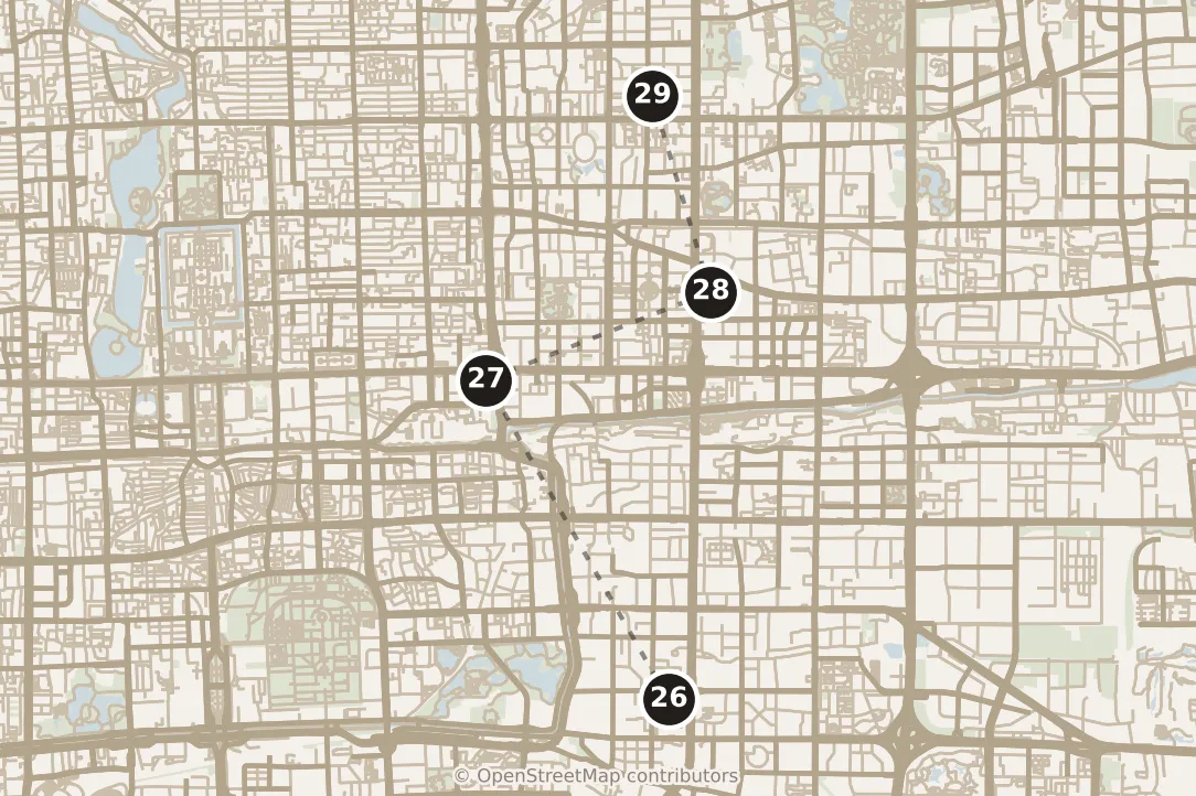 Map of Beijing, day seven: stops 26–29, numbered in walking order.