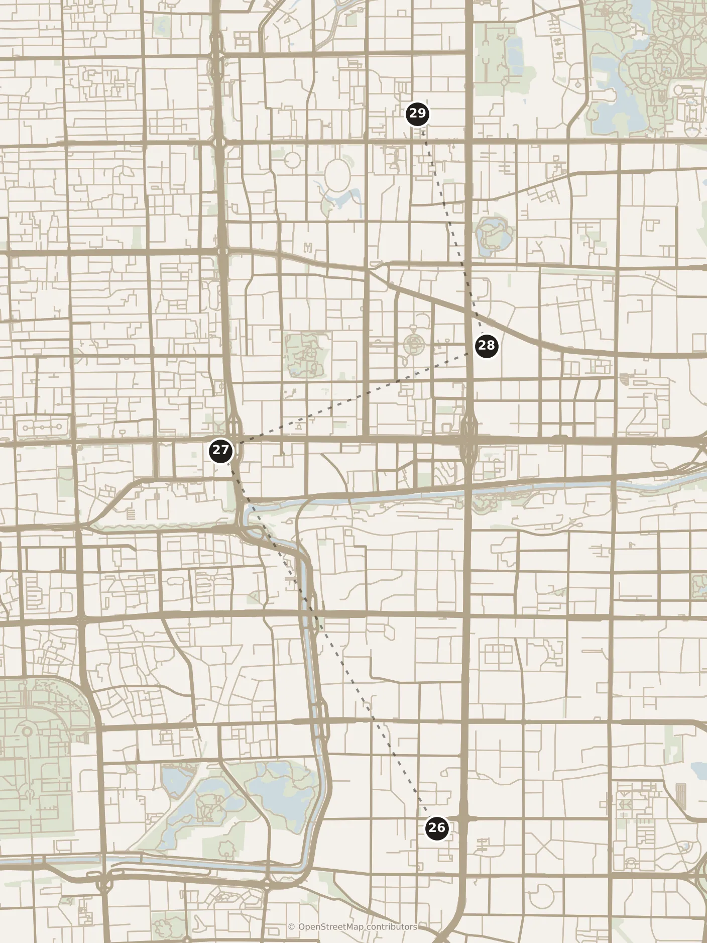 Map of Beijing, day seven: stops 26–29, numbered in walking order.