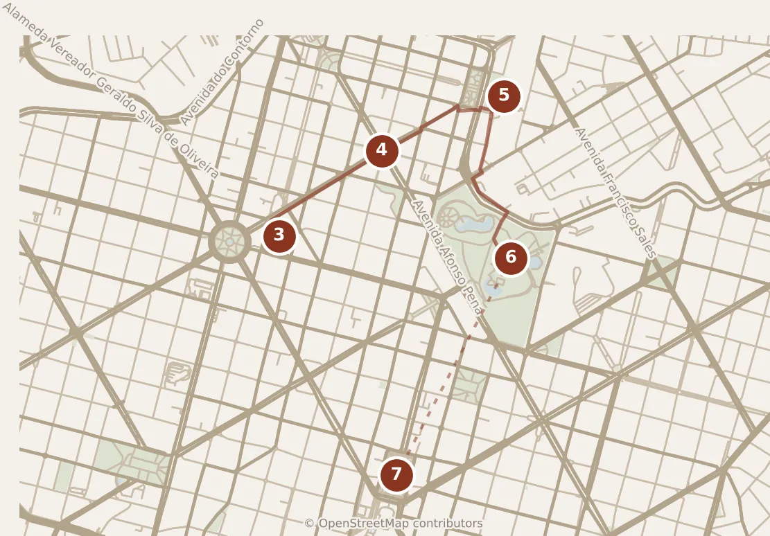 Map of Belo Horizonte, afternoon: stops 3–7, numbered in walking order.