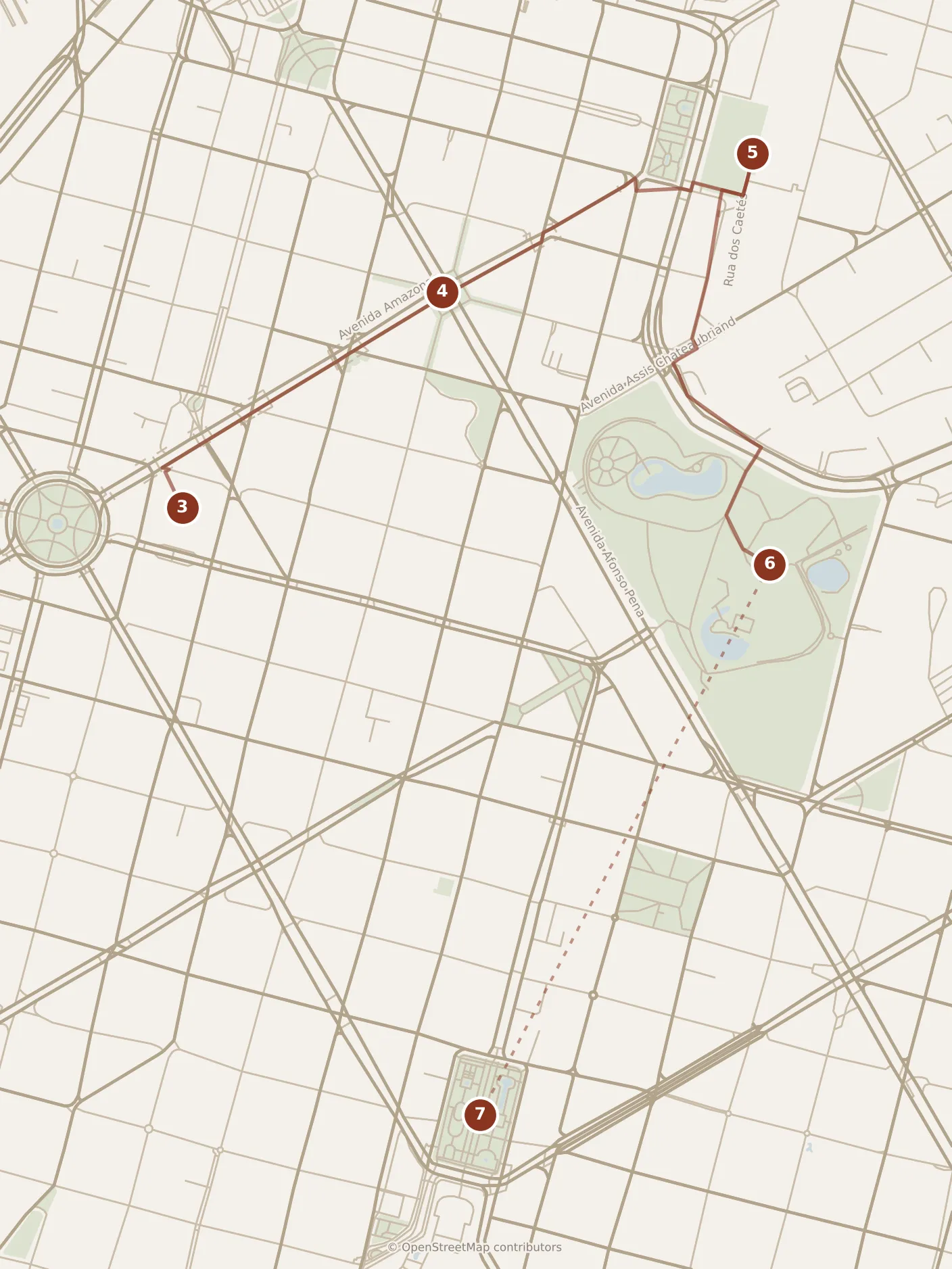 Map of Belo Horizonte, afternoon: stops 3–7, numbered in walking order.