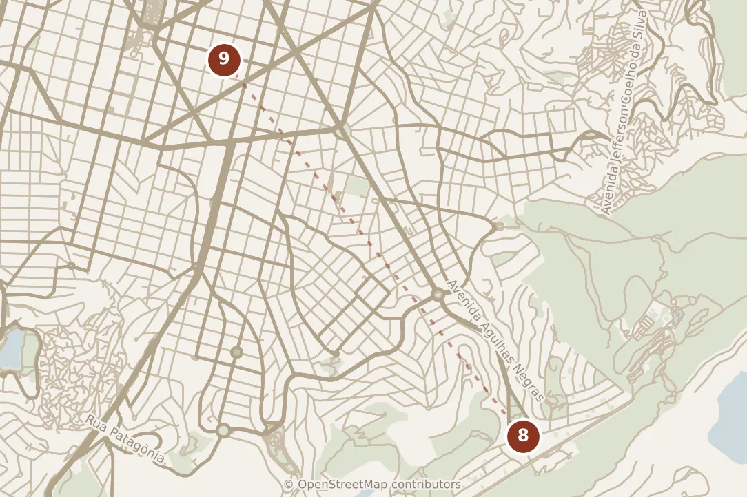Map of Belo Horizonte, evening: stops 8–9, numbered in walking order.