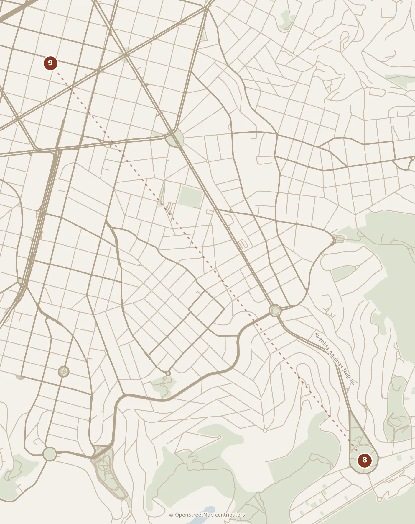 Map of Belo Horizonte, evening: stops 8–9, numbered in walking order.