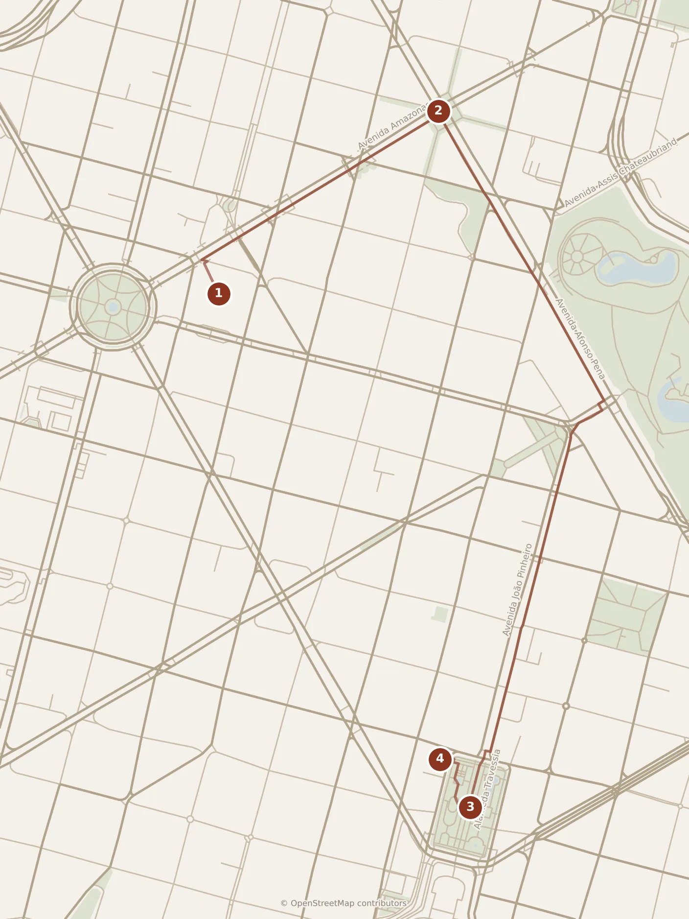 Map of Belo Horizonte, morning: stops 1–4, numbered in walking order.
