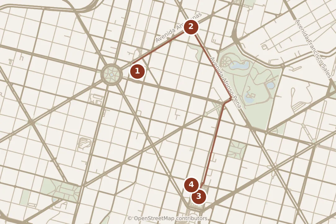 Map of Belo Horizonte, morning: stops 1–4, numbered in walking order.