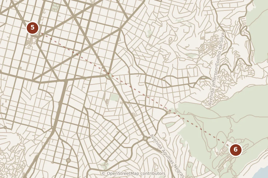 Map of Belo Horizonte, afternoon: stops 5–6, numbered in walking order.