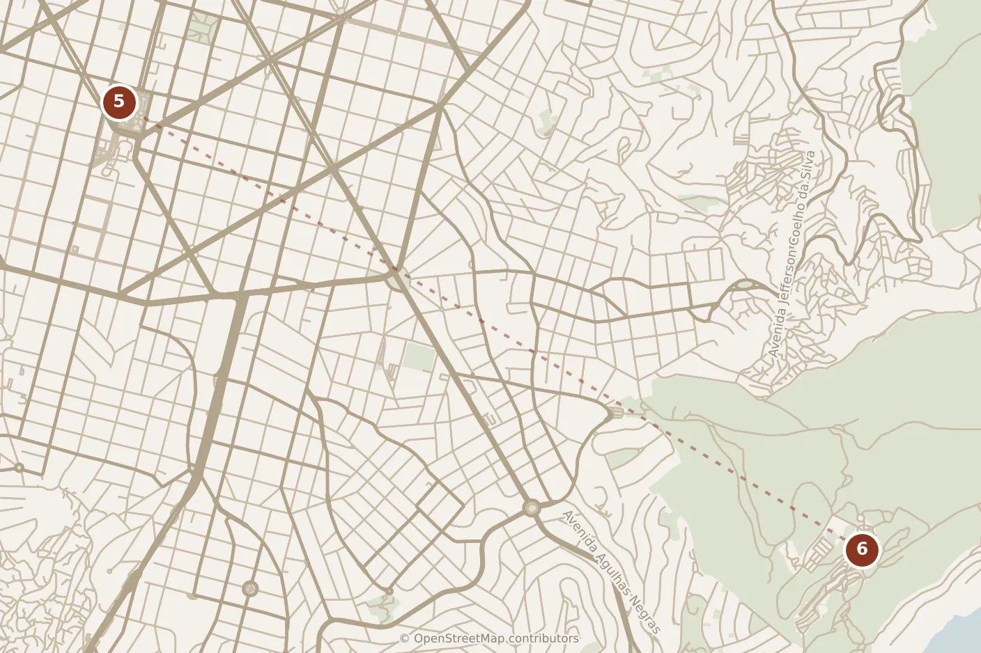 Map of Belo Horizonte, afternoon: stops 5–6, numbered in walking order.