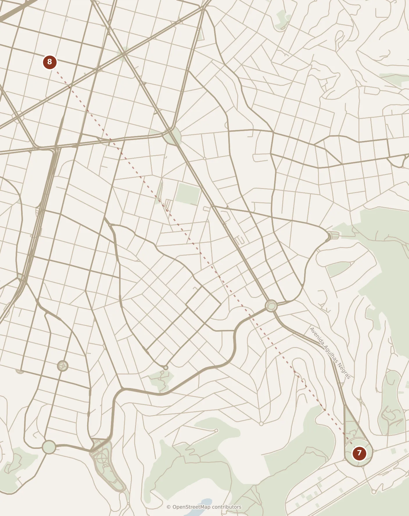 Map of Belo Horizonte, evening: stops 7–8, numbered in walking order.