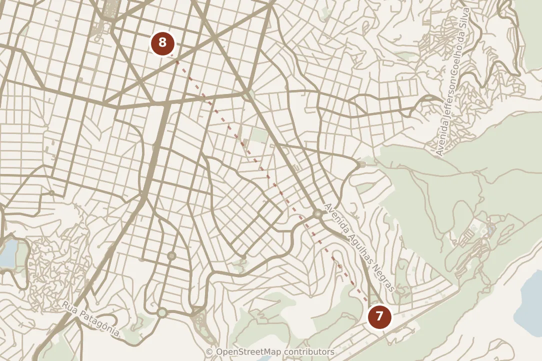 Map of Belo Horizonte, evening: stops 7–8, numbered in walking order.