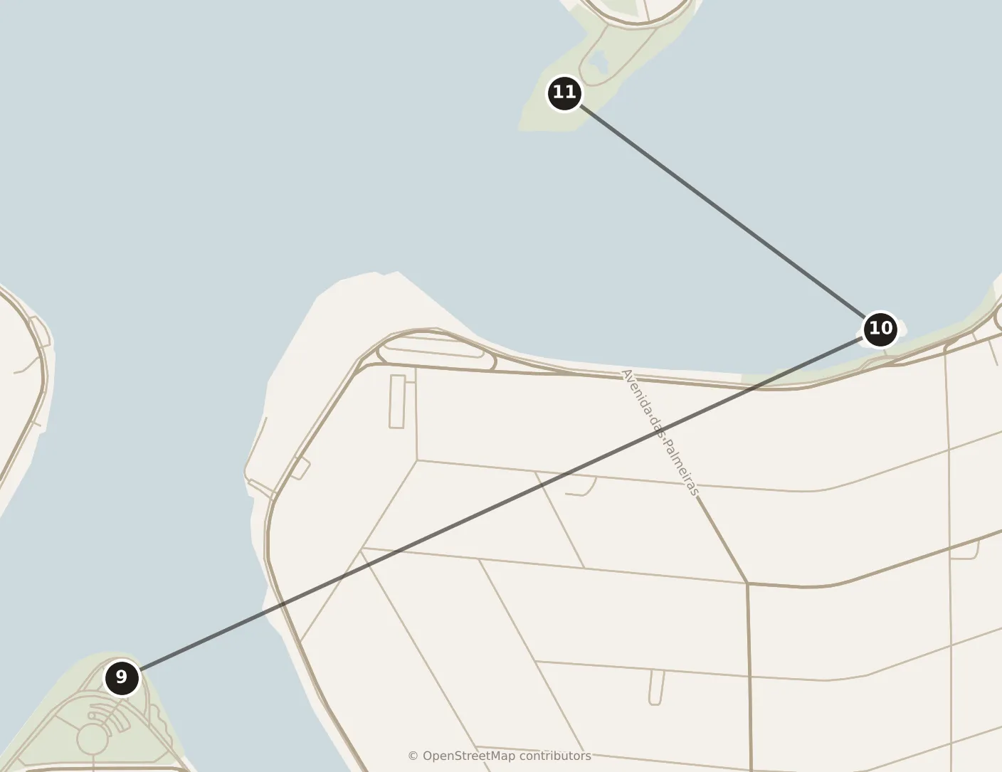 Map of Belo Horizonte, morning: stops 9–11, numbered in walking order.