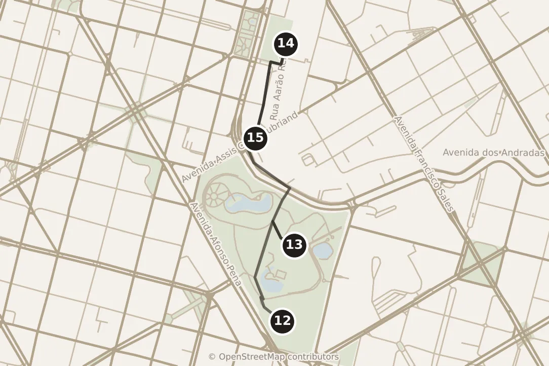 Map of Belo Horizonte, afternoon: stops 12–15, numbered in walking order.