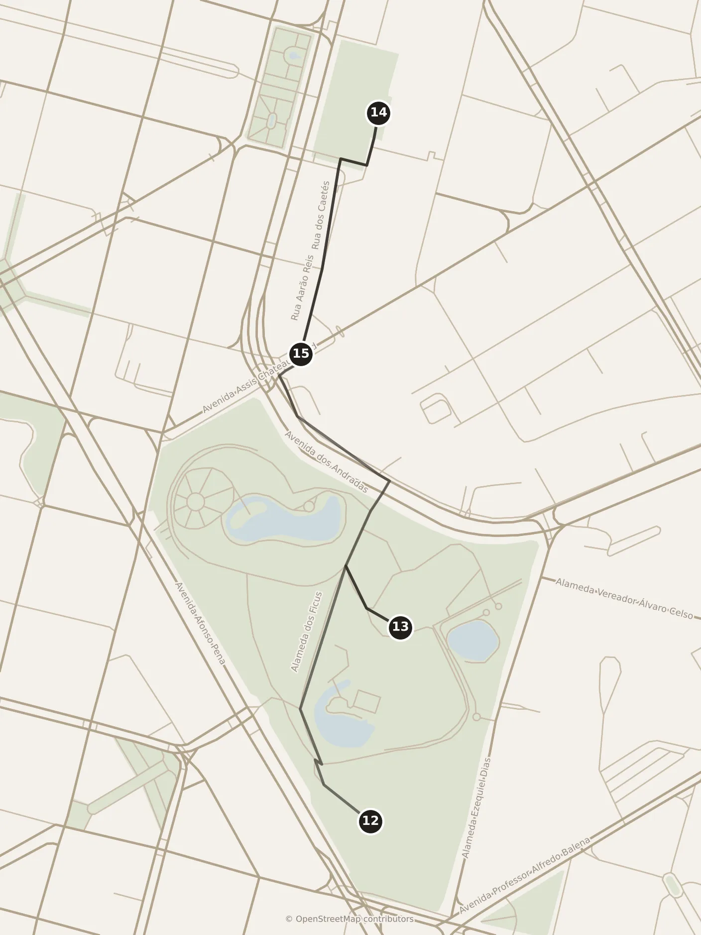 Map of Belo Horizonte, afternoon: stops 12–15, numbered in walking order.
