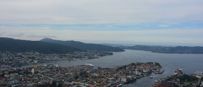 Bergen seen from high on Fløyen: the long inner harbour cuts into a compact low city of white and grey roofs, ships and quays line both sides of the water, wooded hills rise on the left and the fjord widens out to the sea and islands beyond under a pale blue sky
