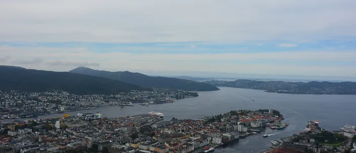 Bergen seen from high on Fløyen: the long inner harbor cuts into a compact low city of white and gray roofs, ships and quays line both sides of the water, wooded hills rise on the left and the fjord widens out to the sea and islands beyond under a pale blue sky
