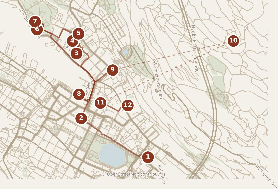 Map of Bergen, the day: stops 1–12, numbered in walking order.
