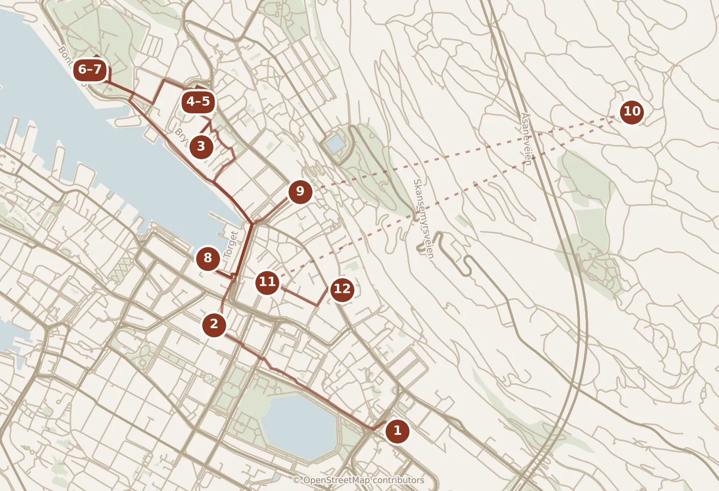 Map of Bergen, the day: stops 1–12, numbered in walking order.