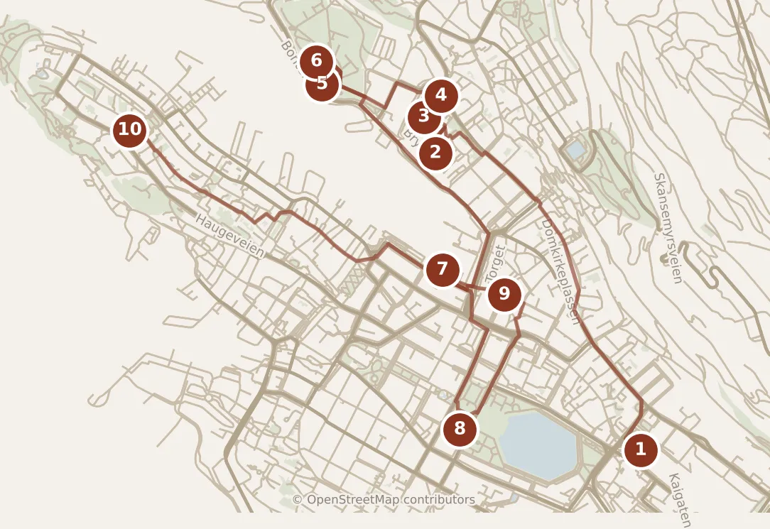 Map of Bergen, day one: stops 1–10, numbered in walking order.
