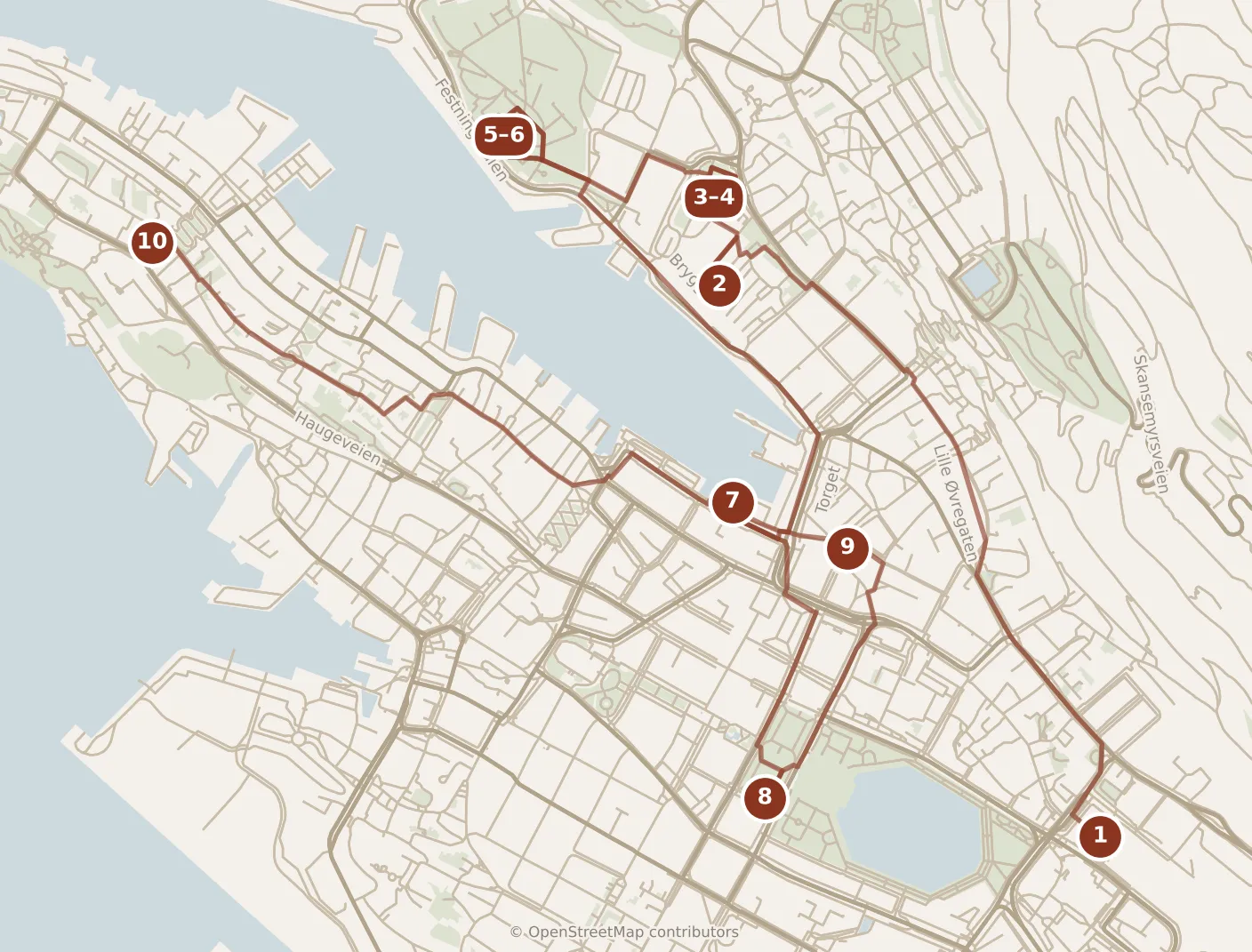 Map of Bergen, day one: stops 1–10, numbered in walking order.
