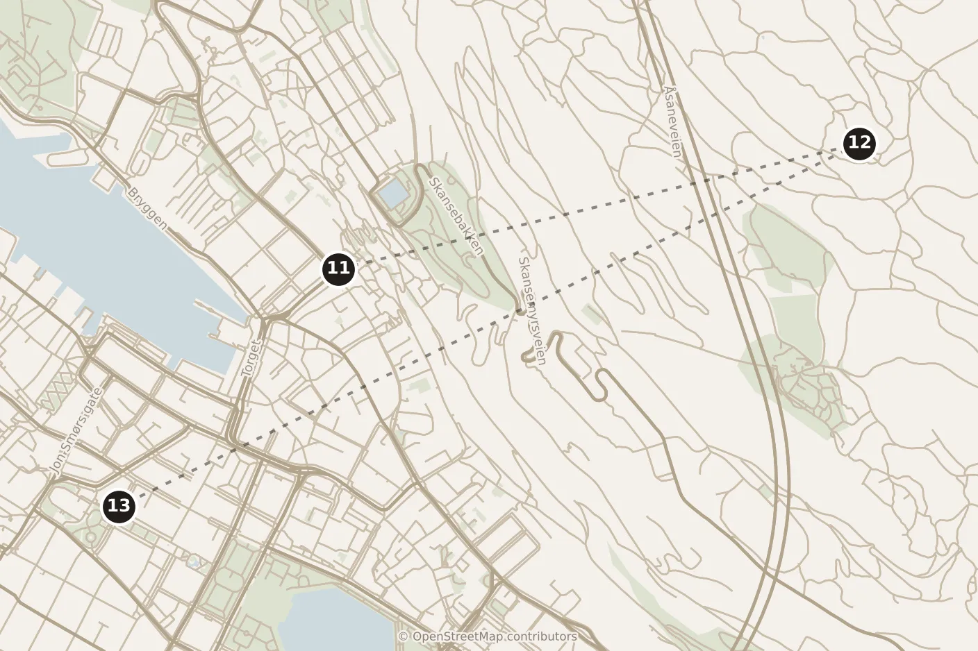 Map of Bergen, afternoon and evening: stops 11–13, numbered in walking order.