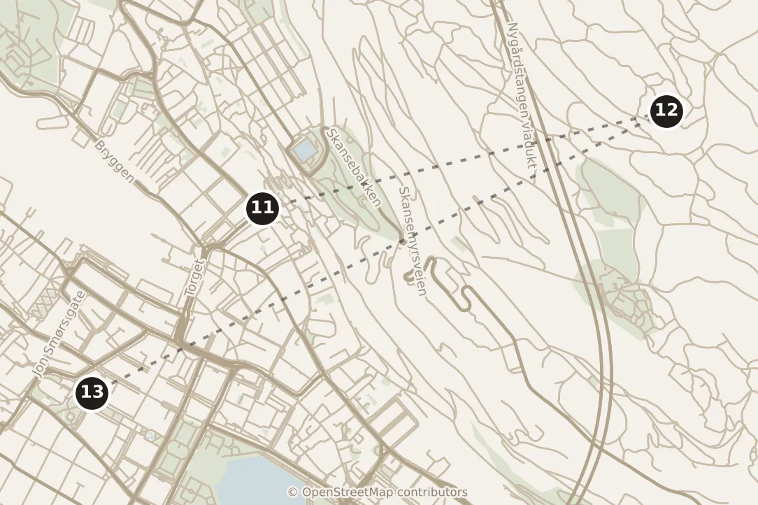 Map of Bergen, afternoon and evening: stops 11–13, numbered in walking order.