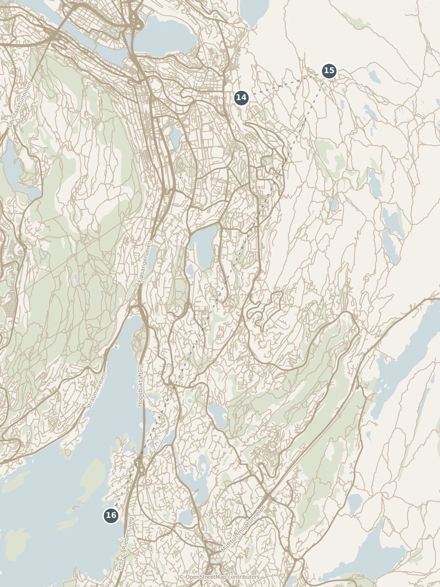 Map of Bergen, with a third day: stops 14–16, numbered in walking order.