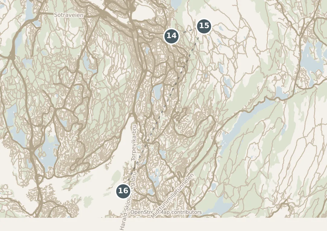 Map of Bergen, with a third day: stops 14–16, numbered in walking order.