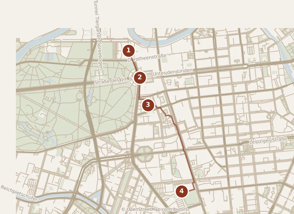 Map of Berlin, morning: stops 1–4, numbered in walking order.