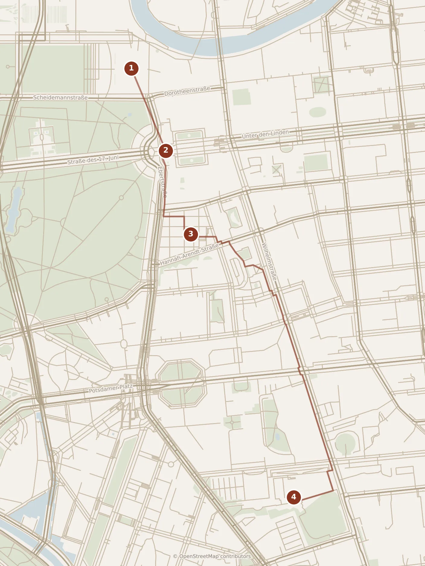 Map of Berlin, morning: stops 1–4, numbered in walking order.