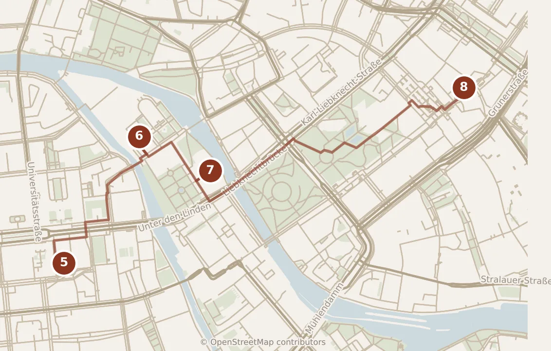Map of Berlin, afternoon: stops 5–8, numbered in walking order.