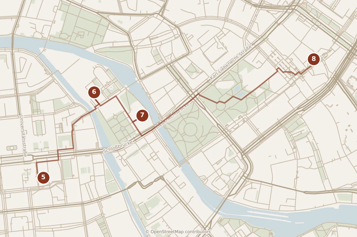 Map of Berlin, afternoon: stops 5–8, numbered in walking order.