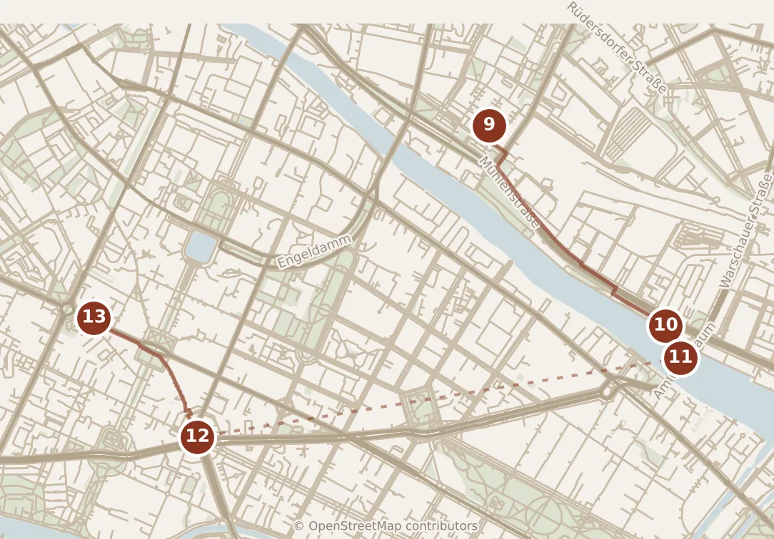 Map of Berlin, evening: stops 9–13, numbered in walking order.
